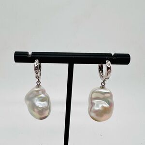 Elegant Baroque Pearl Drop Earrings Silver Lab Grown diamonds…..Very Chic